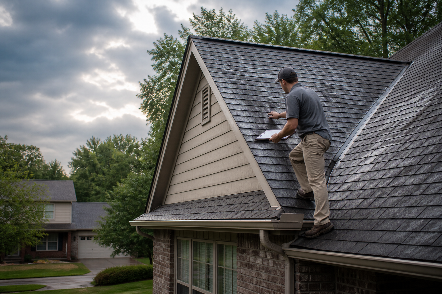 Roof inspection documenting a leak source after rain